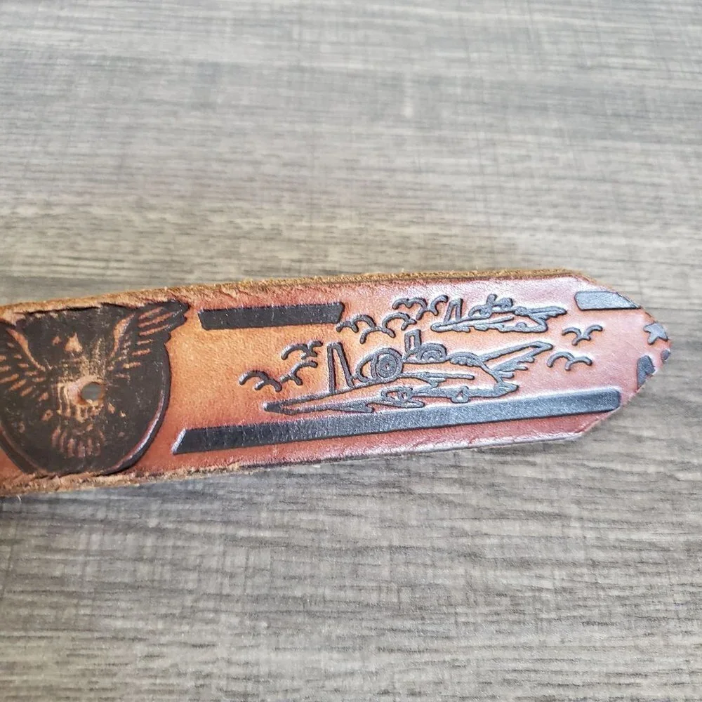 Tooled Genuine Leather U.S. Airforce Belt Jets Eagle Brown Made in USA Mens L/XL
